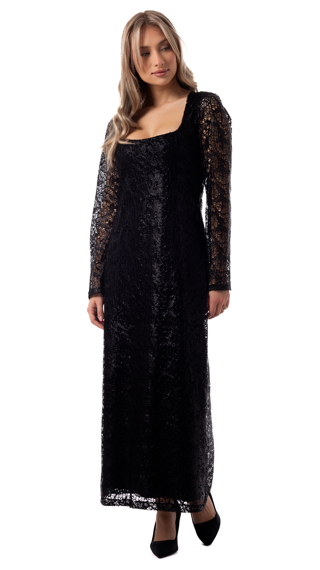 Μαύρο Δαντελένιο Φόρεμα, Μακρύ Φόρεμα, Επίσημο Φόρεμα, Φόρεμα Δαντέλα, Φόρεμα με Μακρύ Μανίκι, Τετράγωνη Λαιμόκοψη) Διαχρονική Κομψότητα με Μαύρη Δαντέλα