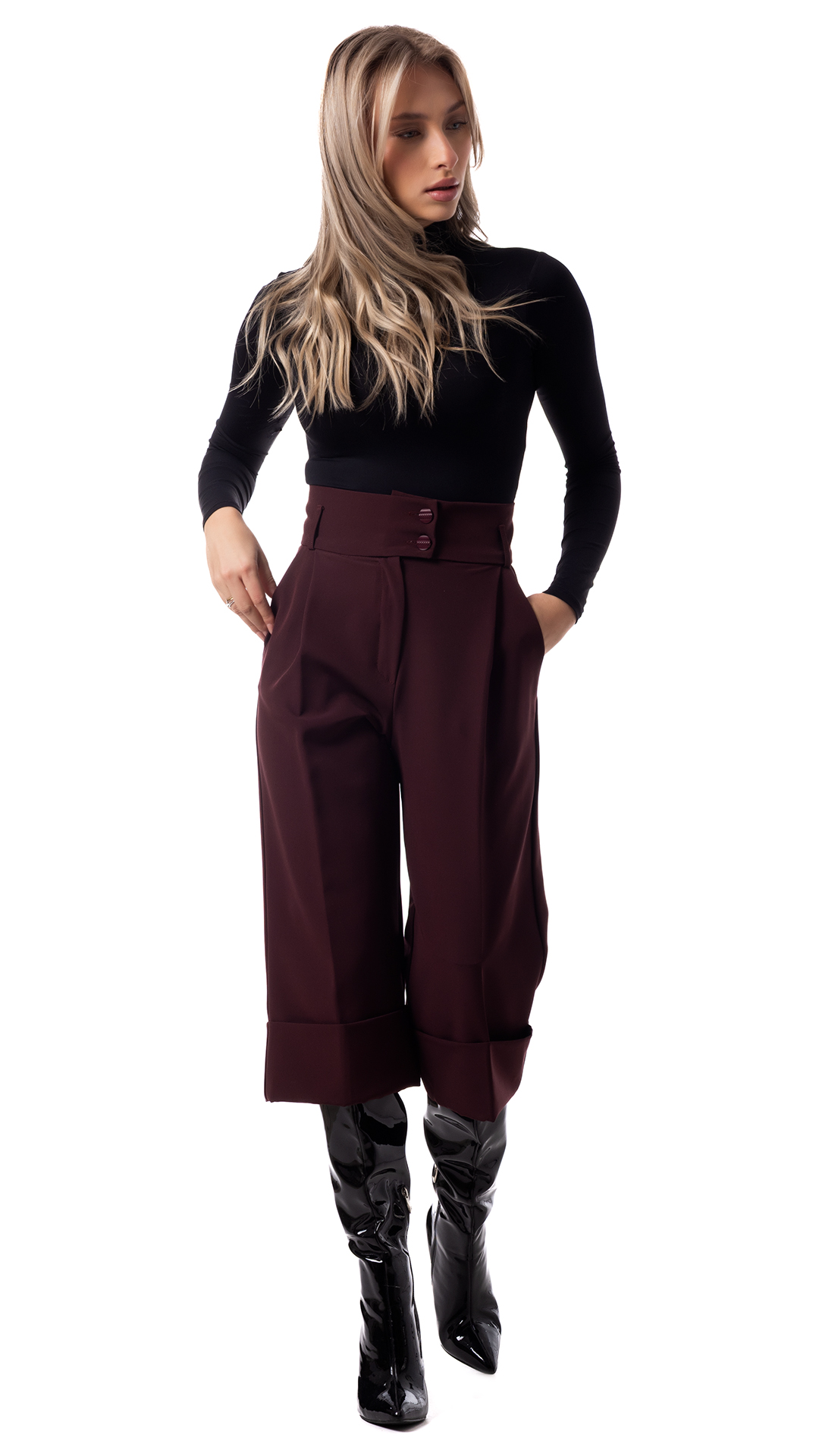 Παντελόνι culotte μπορντο ψηλόμεσο με ρεβέρ γυναικείο cropped