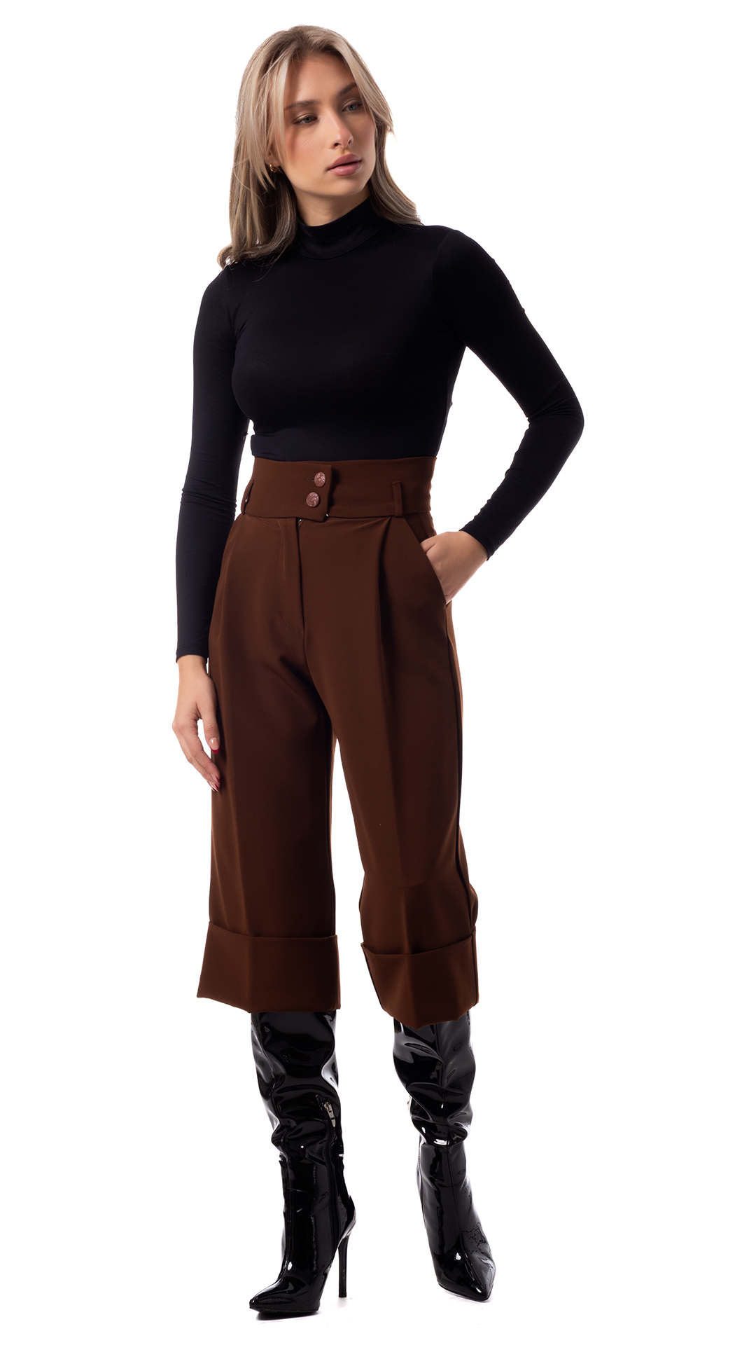 Γυναικείο Ψηλόμεσο Παντελόνι Culotte - Καφέ/Ταμπά - Φαρδύ Παντελόνι 3/4 με Ρεβέρ & Κουμπιά